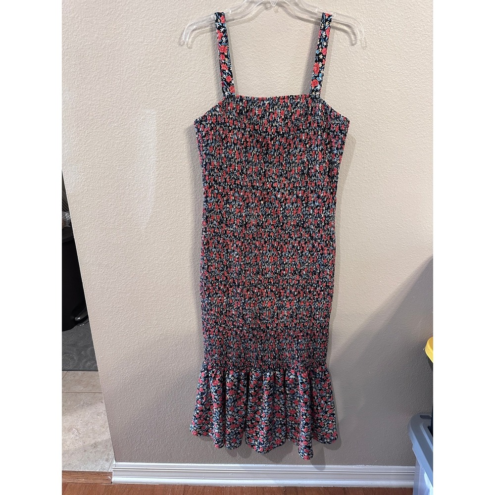 Pretty Garden Floral Smocked Midi Dress Sleeveless Ruffle Hem Black Red XL